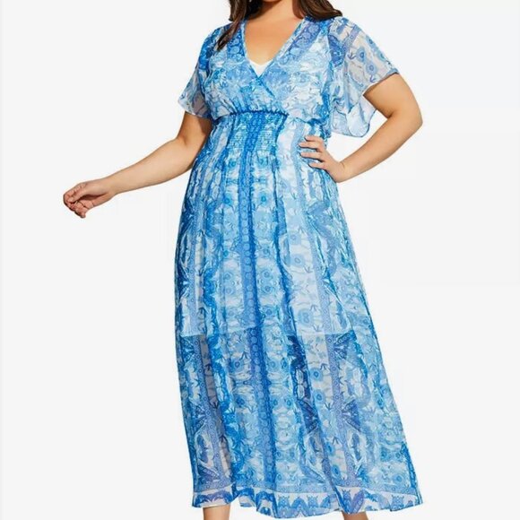 City Chic Maxi Mykonos Dress Size 16 Blue White Floral Chiffon Embellished $115 - Picture 3 of 12